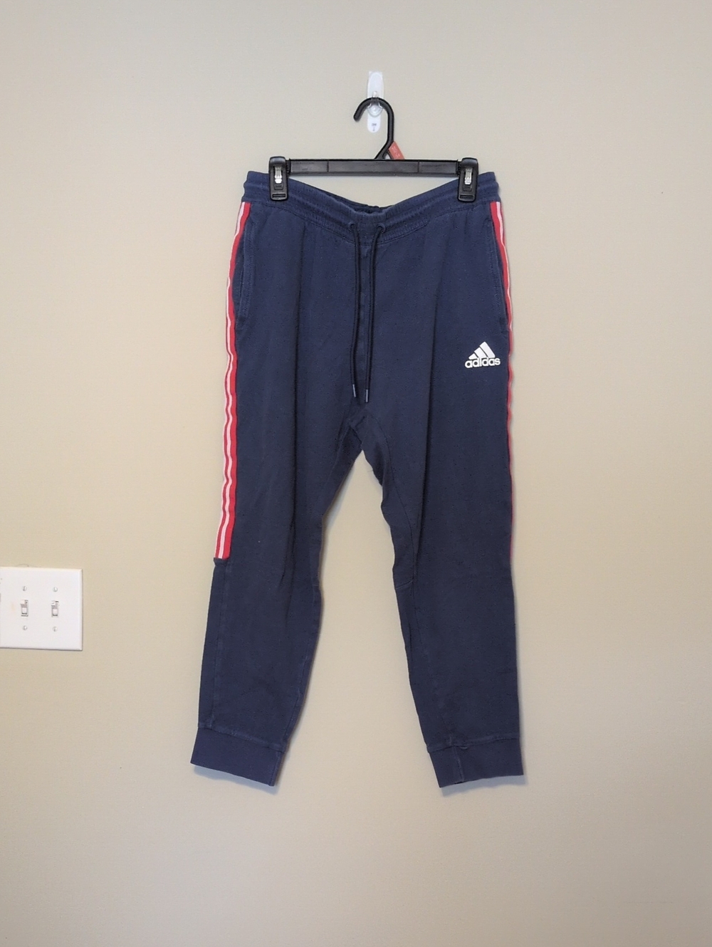 Adidas Athleisure Wear Navy Sweatpants with Red & White Stripes On The Side